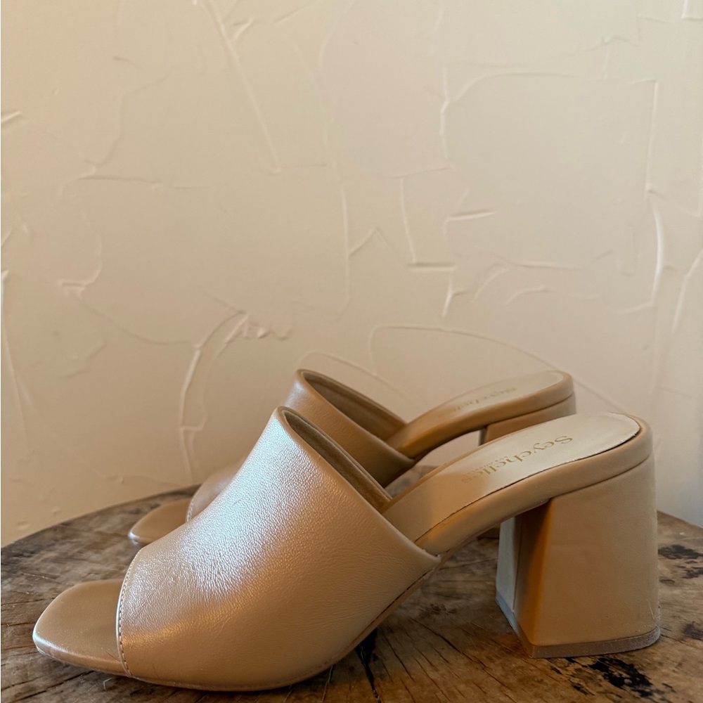 Seychelles tan Block Heel Mules purchased at Anthropologie